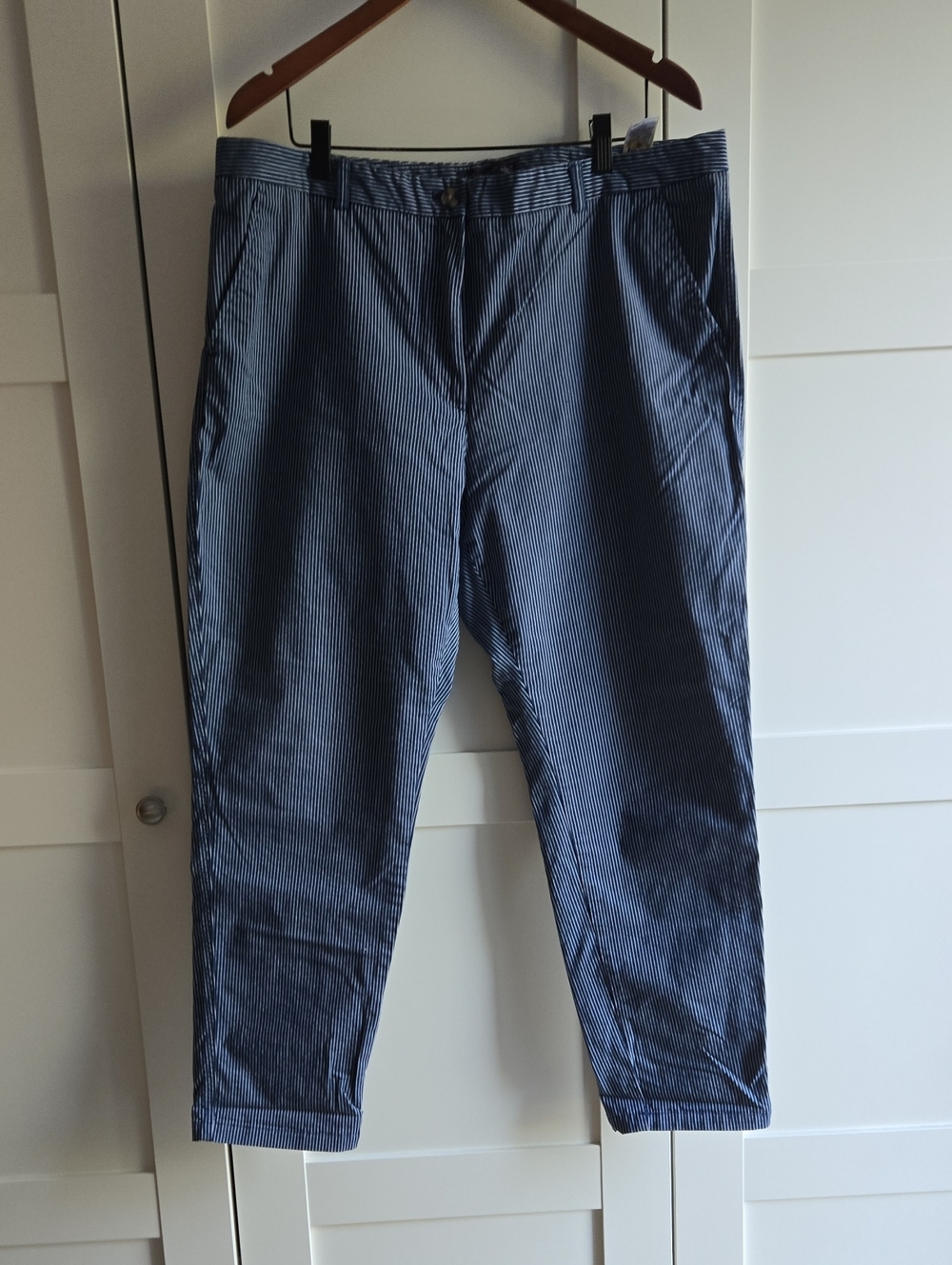 M&S Navy Pinstripe Cotton Chinos Size 14 Stretch Ankle Pants EUC - Picture 5 of 12